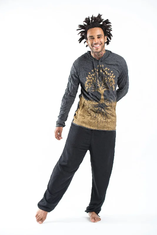 Unisex Tree of Life Hoodie in Gold on Black Athletic Men's Compression