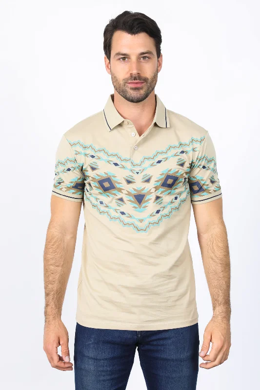 Men's Beige Aztec Panoramic Print Polo Relaxed Men's Beach