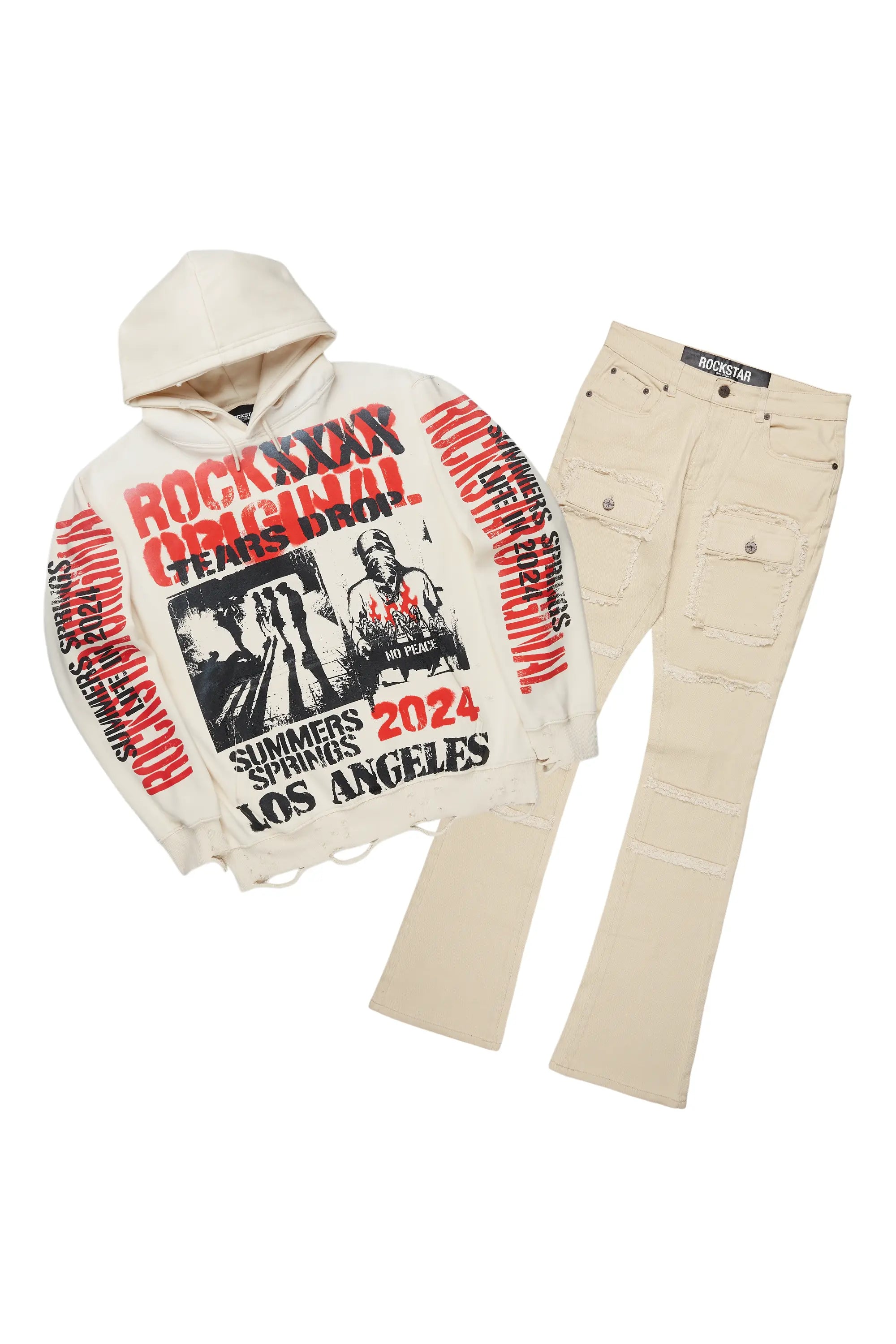Omer Beige Hoodie/Stacked Flare Cargo Jean Bundle Trendy Men's Oversized
