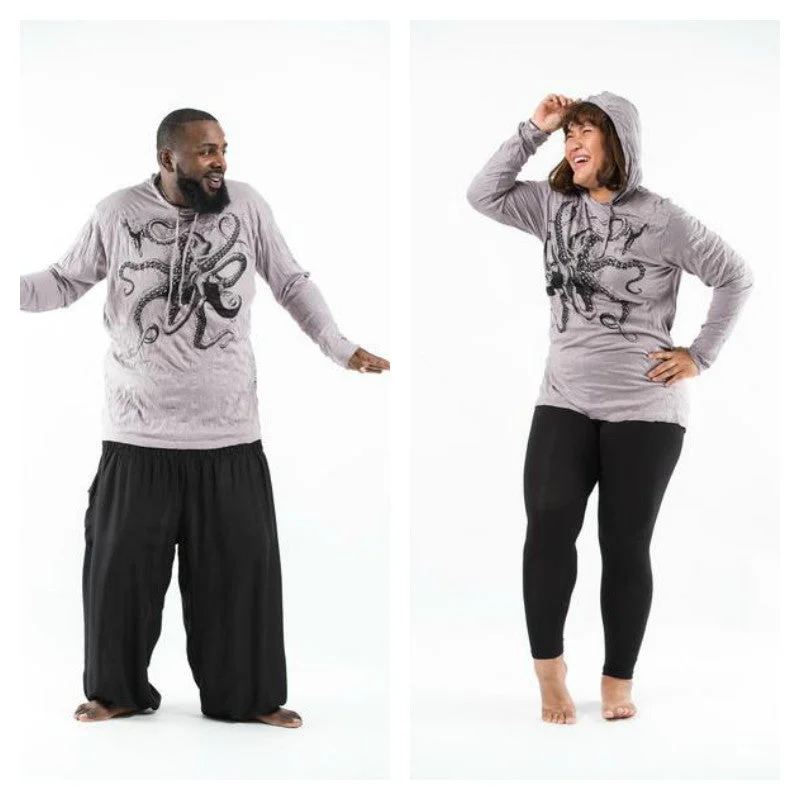 Plus Size Unisex Octopus Hoodie in Gray Sporty Men's Athleisure 