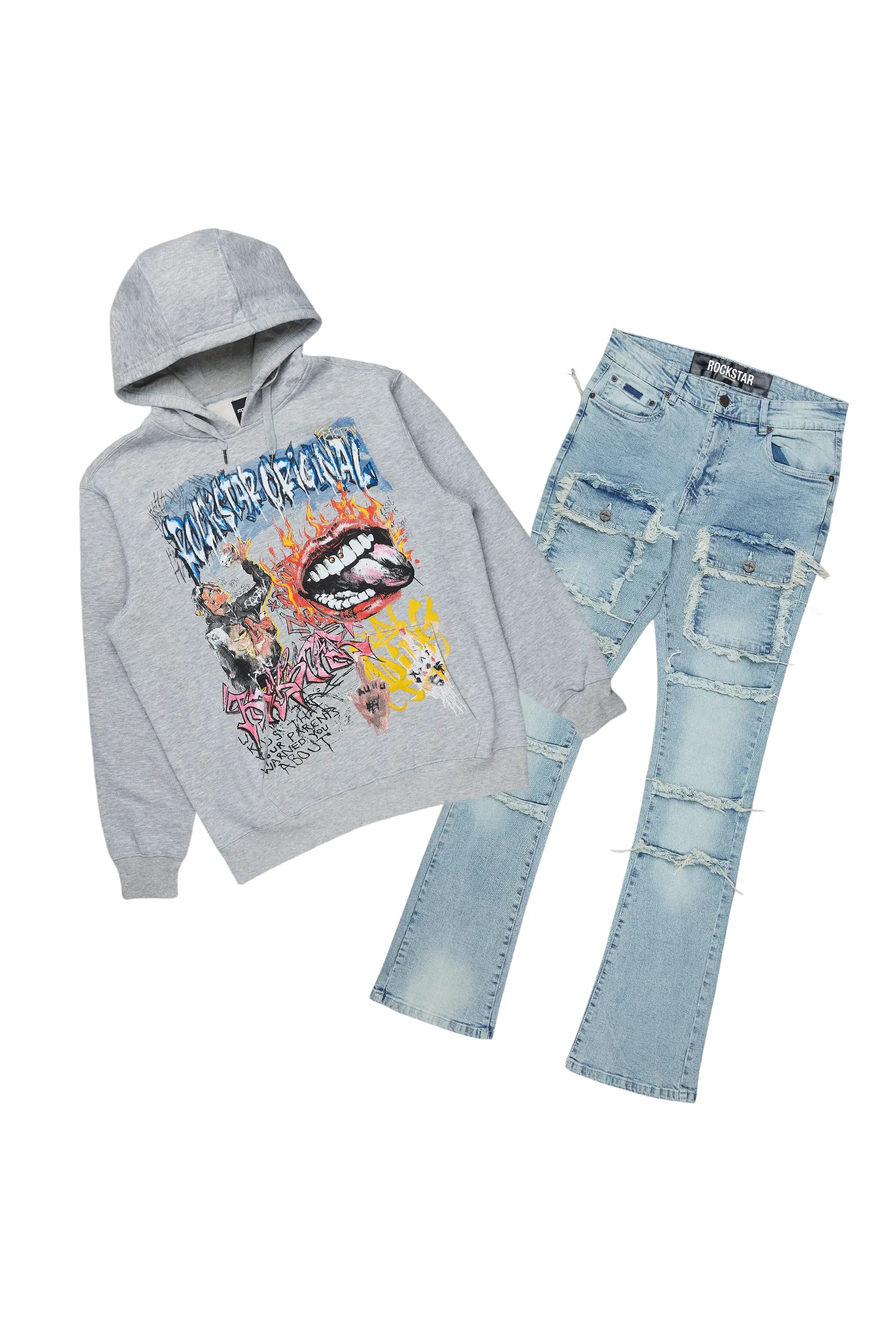 Yooz Heather Grey Hoodie/Stacked Flare Cargo Jean Bundle Sleek Men's Metallic