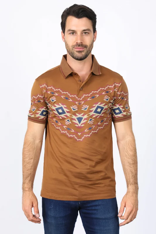 Men's Camel Aztec Panoramic Print Polo Cool Men's Distressed