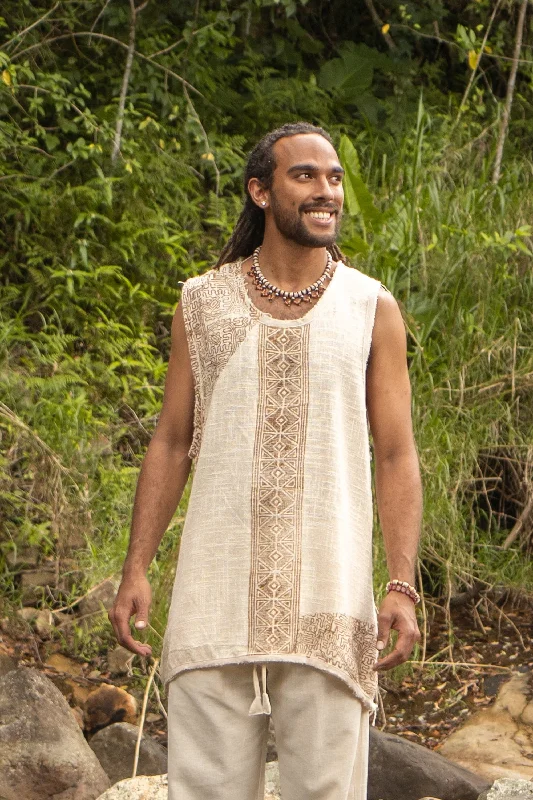 AKAU Mens Beige Tank Top Sleeveless Shirt Shipibo Block Printed Handmade Natural Muscle Cotton Shaman Tribal Festival Ceremony Ritual AJJAYA Casual Men's Short