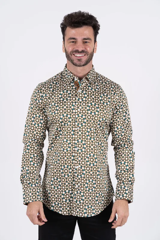 Small Print Satin Cotton/Spandex Long Sleeve Shirt Casual Men's Japanese 