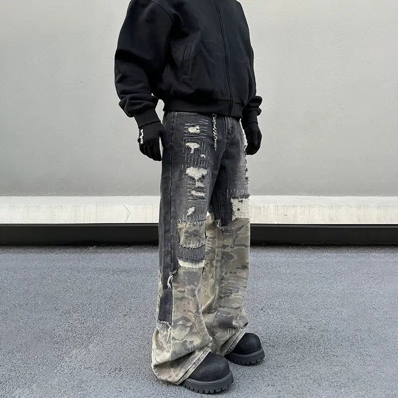 Patchwork Camouflage Flared Jeans Stylish Men's Neon