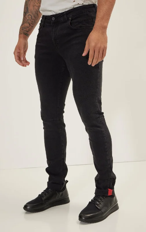 Cuff Detail Inner Red Stripe Denim -  Black Edgy Men's Punk