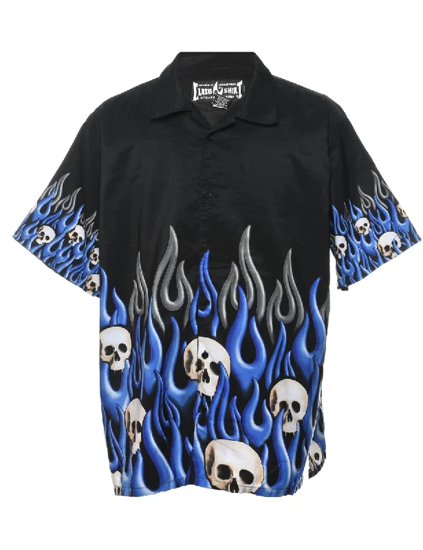 Short-Sleeve Black & Blue Y2K Skull Design Shirt - XL Trendy Men's Scandinavian