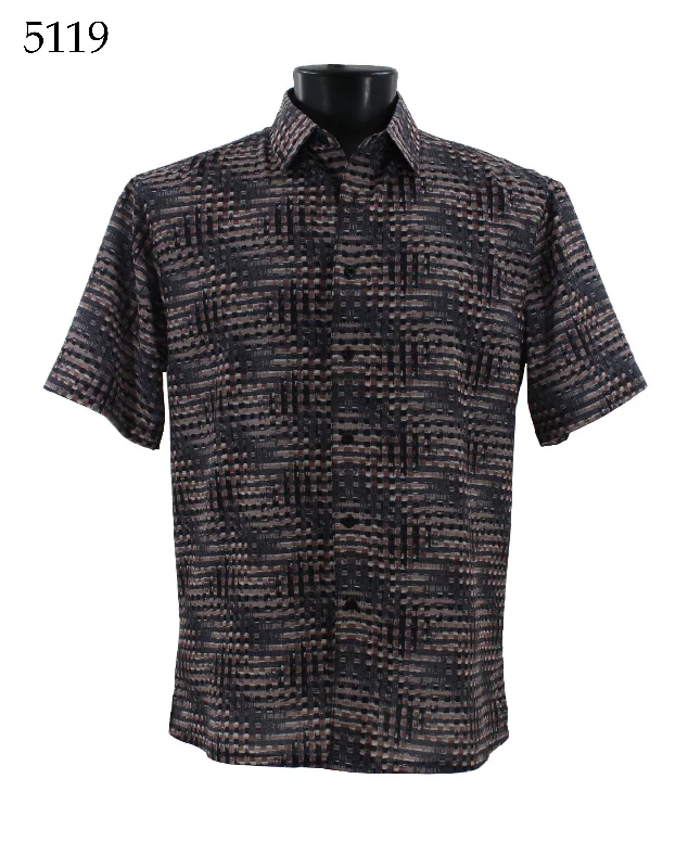 Bassiri Short Sleeve Button Down Casual Printed Men's Shirt - Abstract Pattern Brown #5119 Classic Men's Pin