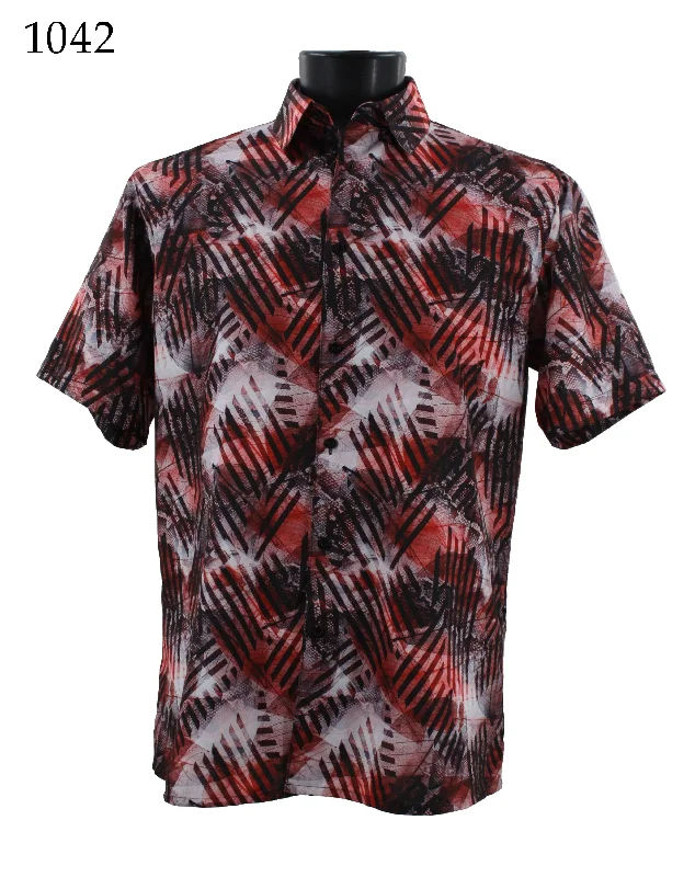 Bassiri Short Sleeve Button Down Casual Printed Men's Shirt - Abstract Pattern Red #1042 Bold Men's Statement