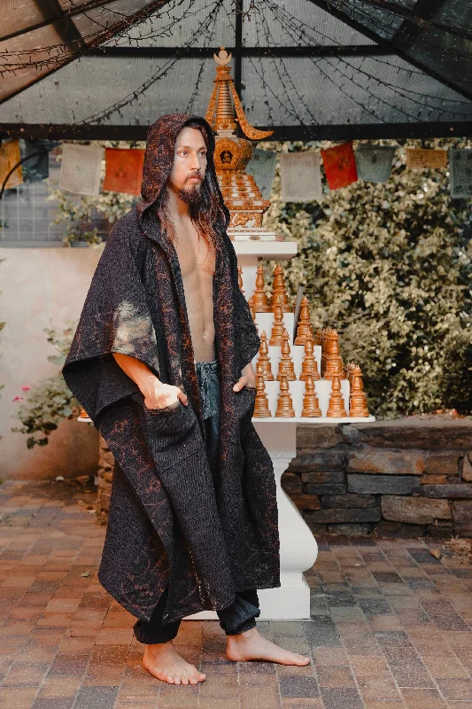 AYAWA Black Icaro Hooded Kimono Cape Poncho Robe Shipibo Sacred Patterns Ceremony Ritual Shaman Tribal Shawl Viking Festival Wrap AJJAYA Edgy Men's Punk