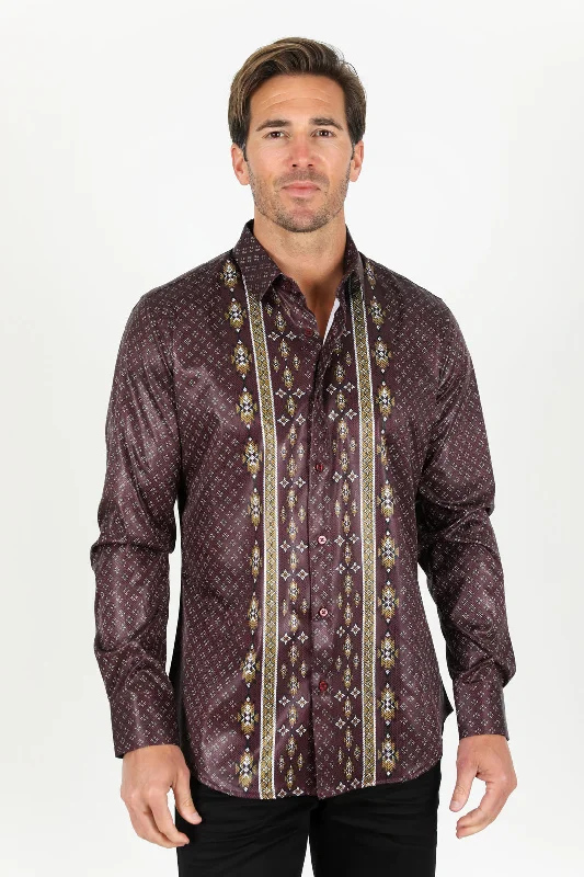 Mens Modern Fit Stretch Aztec Foiled Shirt - Wine Rugged Men's Outdoor 