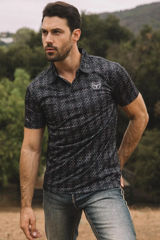 Mens Performance Fabric Print Black Polo British Gentleman Style
