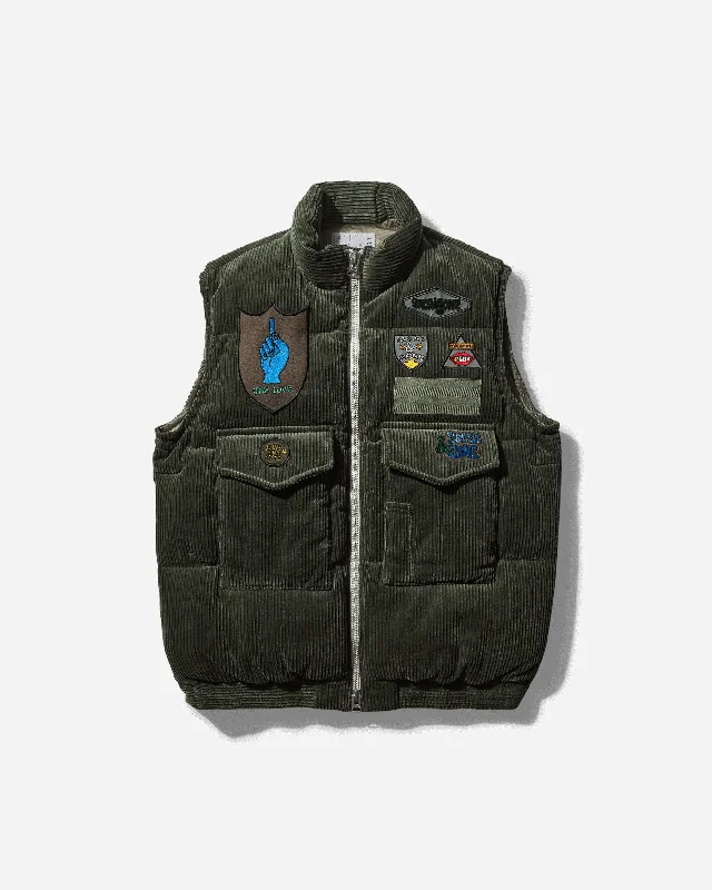 Gonz Multi Patch Corduroy Padded Vest Khaki Cool Men's Distressed