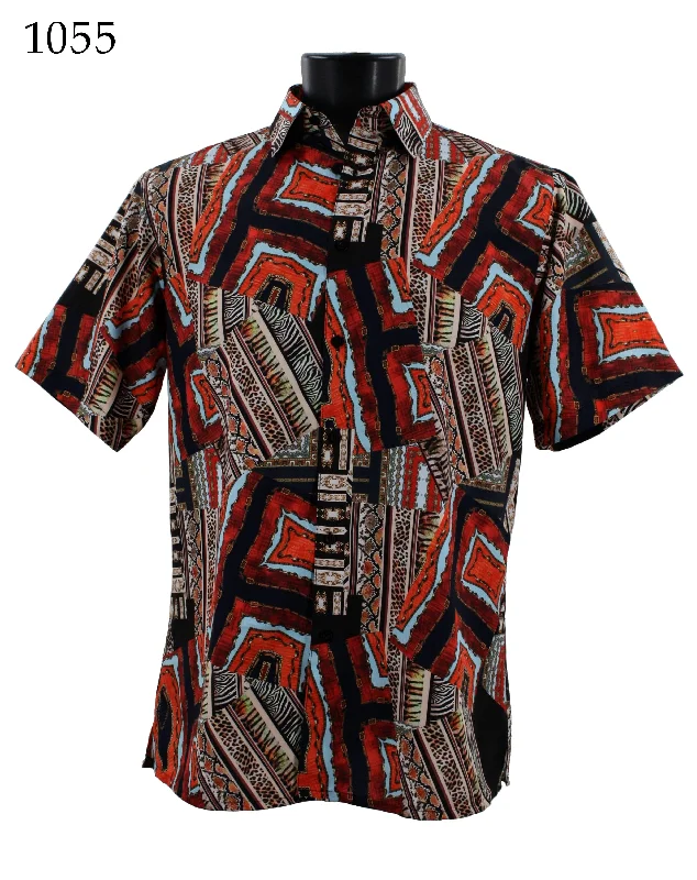 Bassiri Short Sleeve Button Down Casual Printed Men's Shirt - Abstract Pattern Red #1055 Cool Men's Distressed