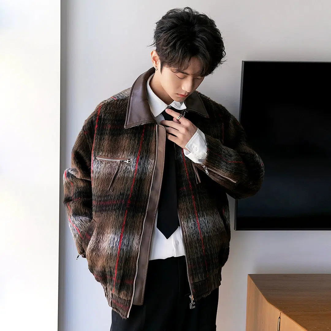 Retro Patchwork Plaid Woolen Jacket Refined Men's Velvet