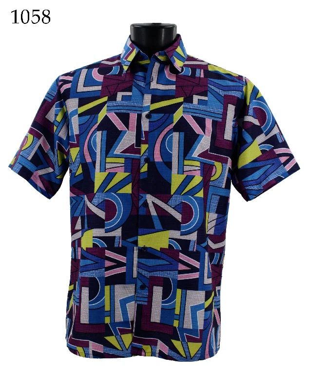 Bassiri Short Sleeve Button Down Casual Printed Men's Shirt - Abstract Pattern Blue #1058 Youthful Men's Pop