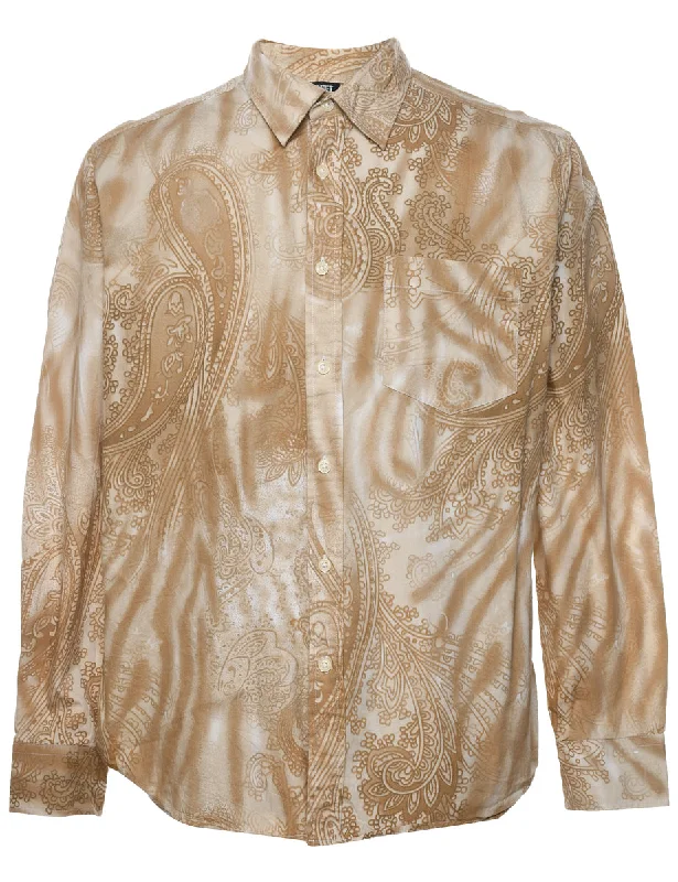 1990s Paisley Print Light Brown & White Shirt - M Refined Men's Classic 