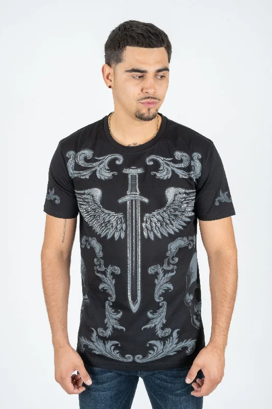 Men's Cotton Black Rhinestone T-shirt British Gentleman Style