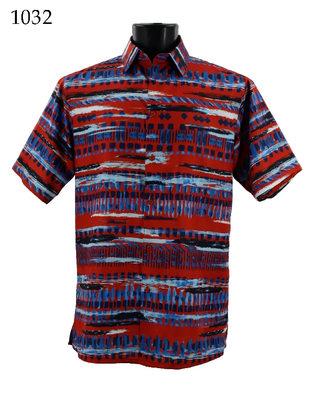 Bassiri Short Sleeve Button Down Casual Printed Men's Shirt - Abstract Pattern Red #1032 Sophisticated Men's French