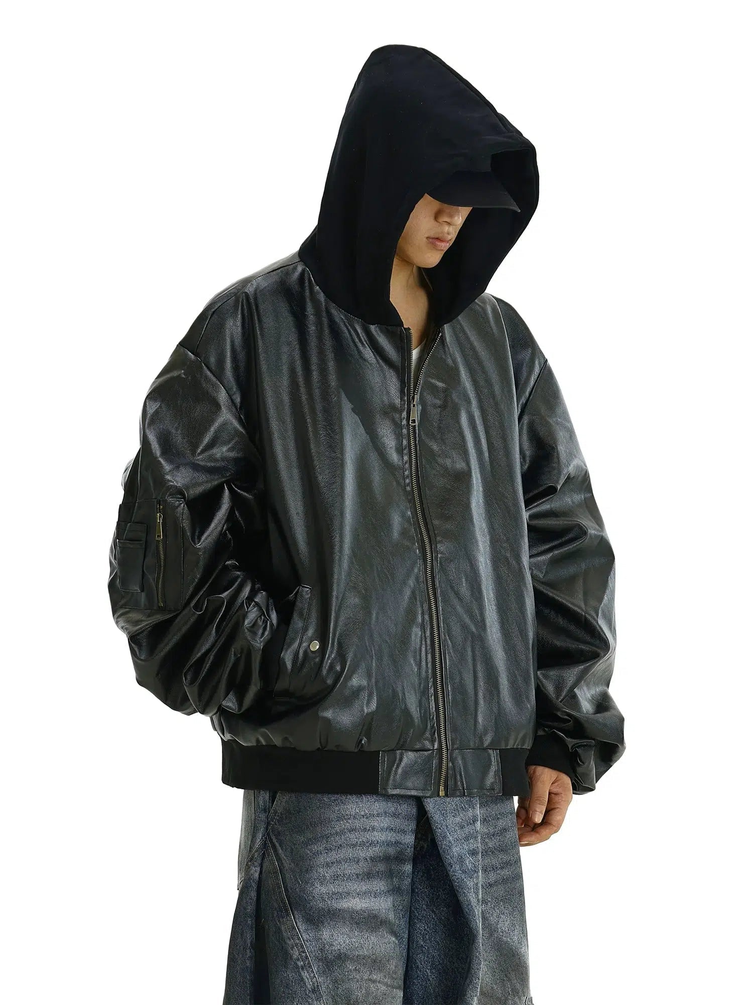 Hooded Faux Leather Bomber Jacket Sleek Men's Contemporary 