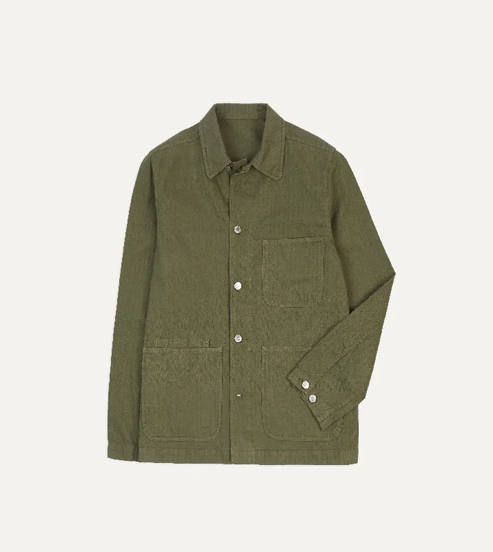 Olive Cotton-Linen Herringbone Fatigue Jacket Sleek Men's Contemporary 