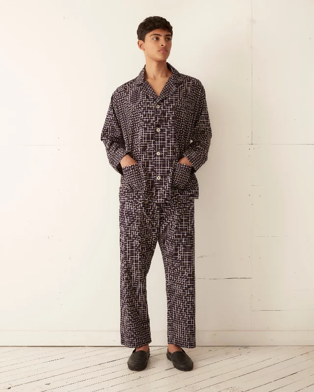 Midnight Grid Pajama Shirt Sleek Men's Metallic