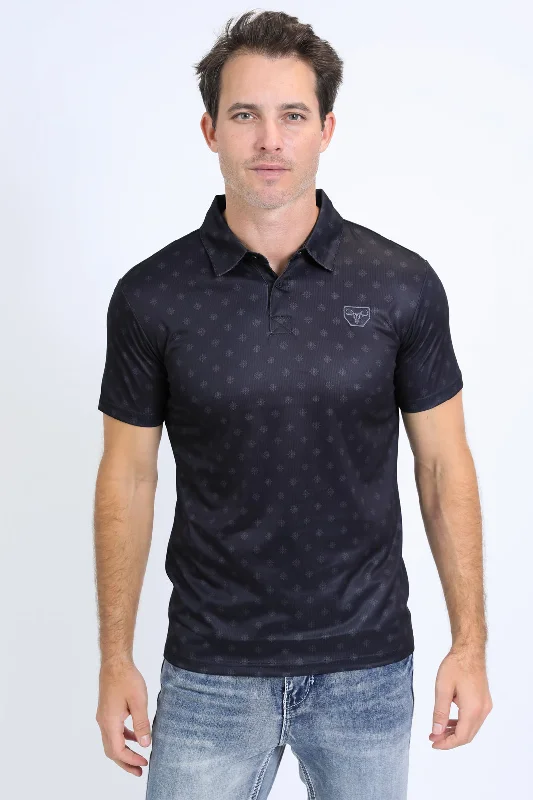 Mens Performance Fabric Print Black Polo Preppy Men's College