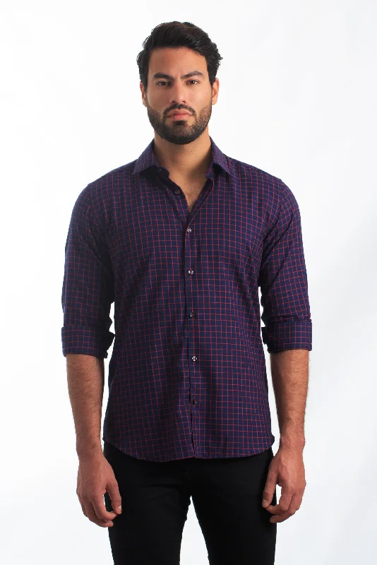 Navy + Red Long Sleeve Shirt T-6852 Sleek Men's Metallic