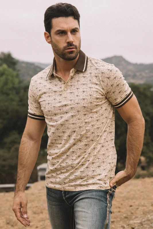 Mens Premium Cotton Beige Polo Shirt with Print Earthy Men's Sustainable 