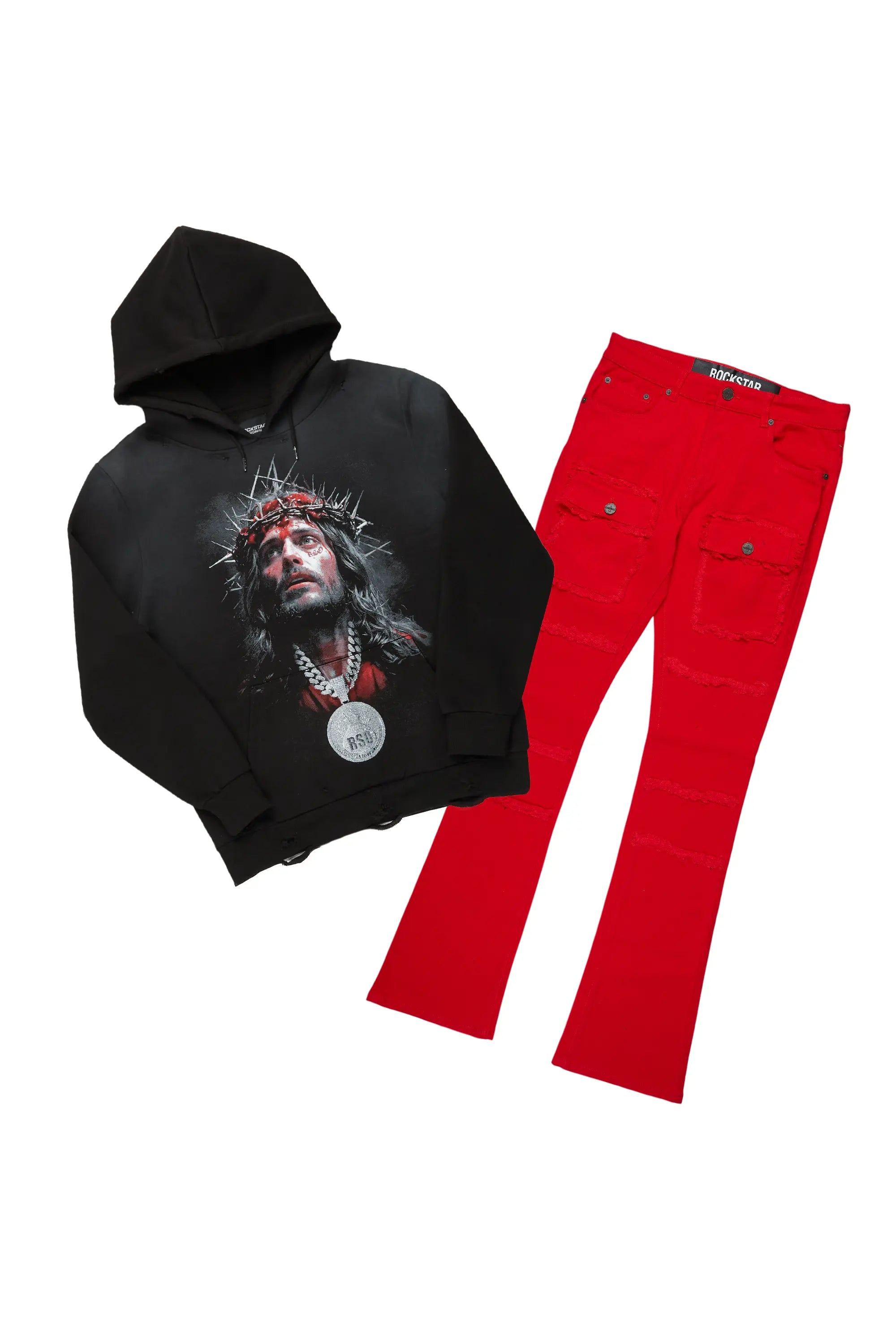 Amina Black/Red Hoodie/Stacked Flare Cargo Jean Bundle Bohemian Men's Free