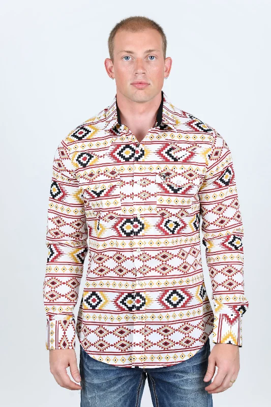 Men's Modern Fit Panoramic Aztec Print Long Sleeve Shirt - White Youthful Men's Pop