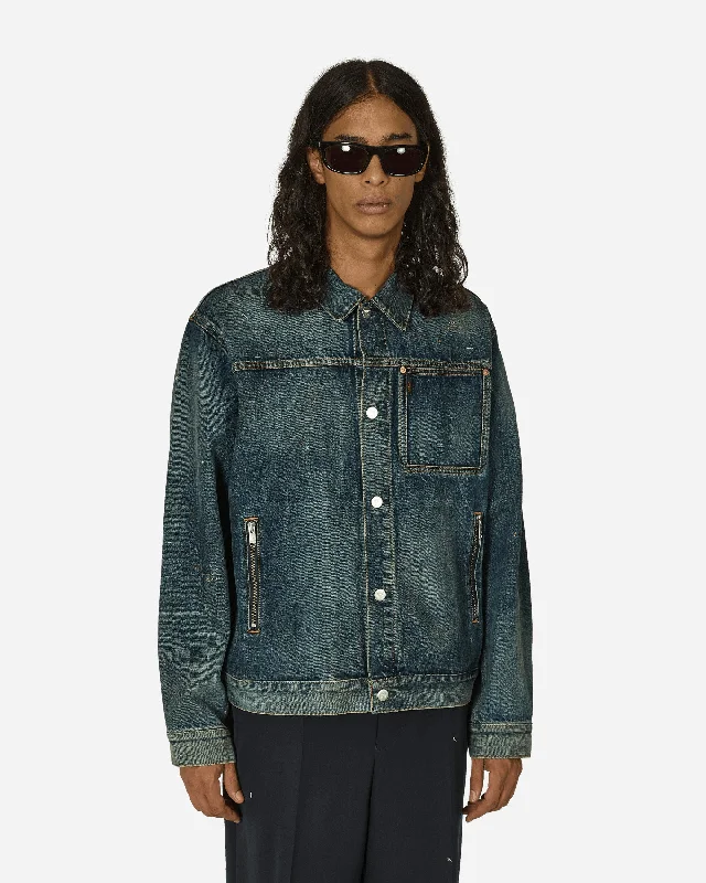 Cross Embroidery Distressed Denim Jacket Light Blue Indigo Beach