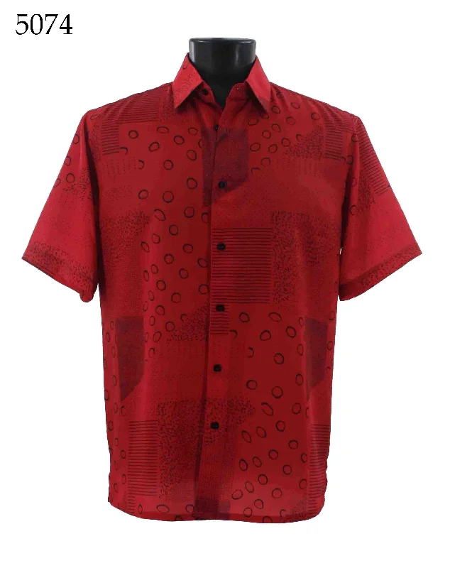 Bassiri Short Sleeve Button Down Casual Printed Men's Shirt - Abstract Pattern Red #5074 Athletic Men's Compression