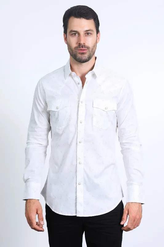 Mens Western Modern Fit Cotton/Spandex Long Sleeve White Shirt with Snaps Lumberjack