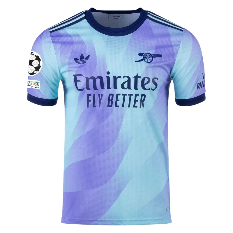adidas Arsenal Authentic Third Jersey w/ Champions League Patches 24/25 (Clear Aqua/Light Flash Purple) Polished Men's Satin adidas Arsenal Authentic Third Jersey w/ Champions League Patches 24/25 (Clear Aqua/Light Flash Purple) Polished Men's Satin