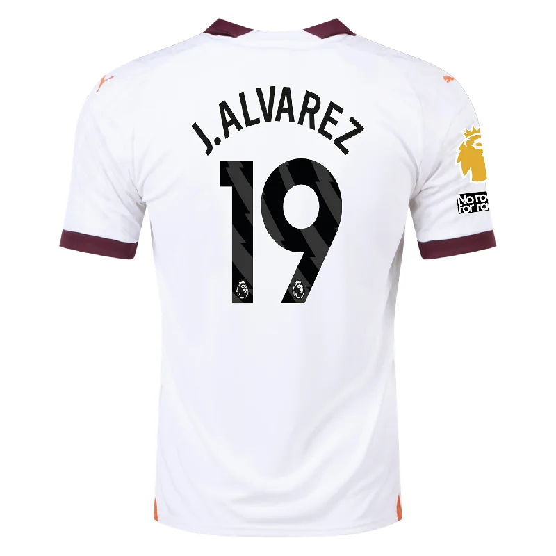 Puma Manchester City Julian Alvarez Away Jersey w/ EPL + No Room For Racism Patches 23/24 (Puma White/Aubergine) Masculine Men's Thick Puma Manchester City Julian Alvarez Away Jersey w/ EPL + No Room For Racism Patches 23/24 (Puma White/Aubergine) Masculine Men's Thick