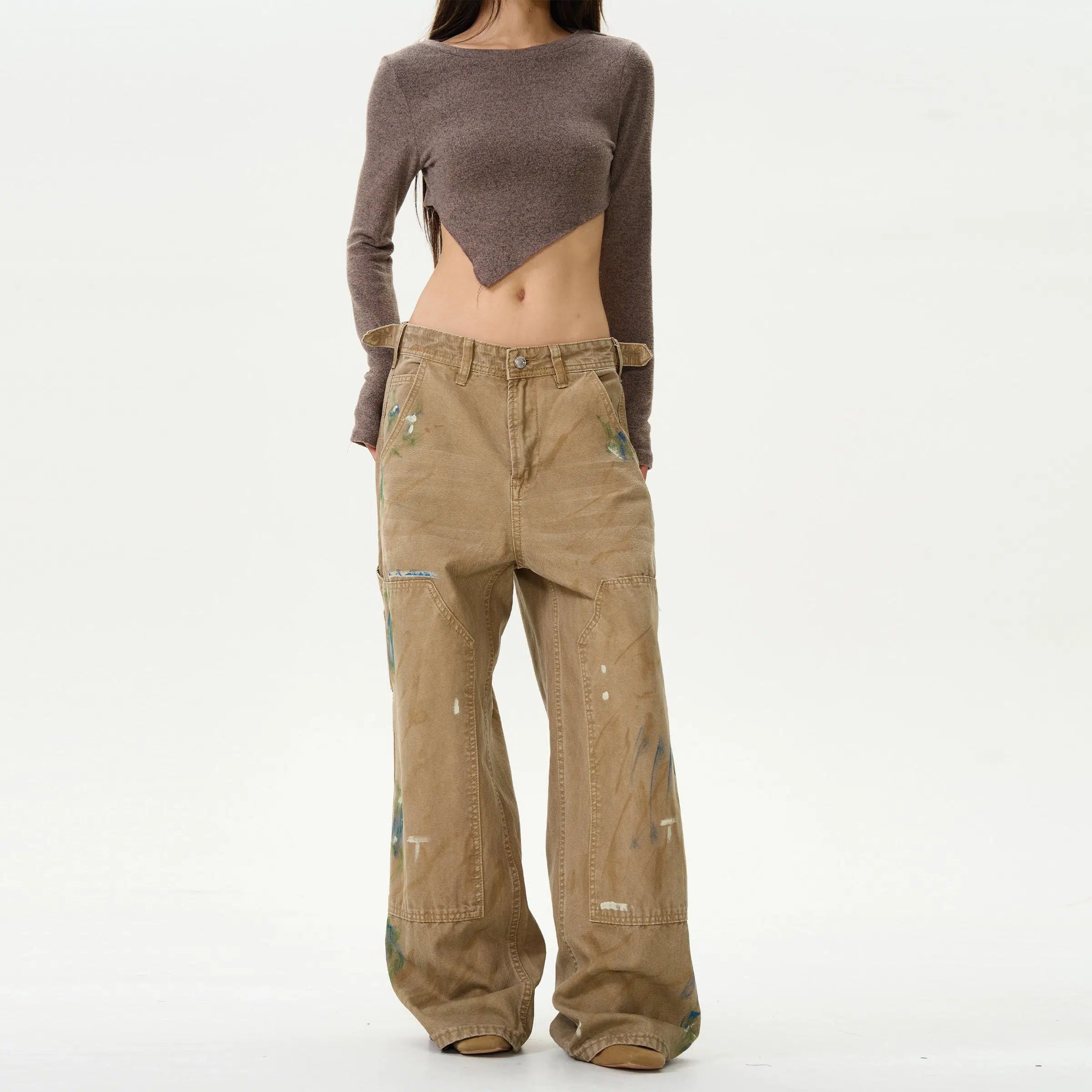 Retro Ink-Splashed Denim Cargo Pants Trendy Men's Oversized