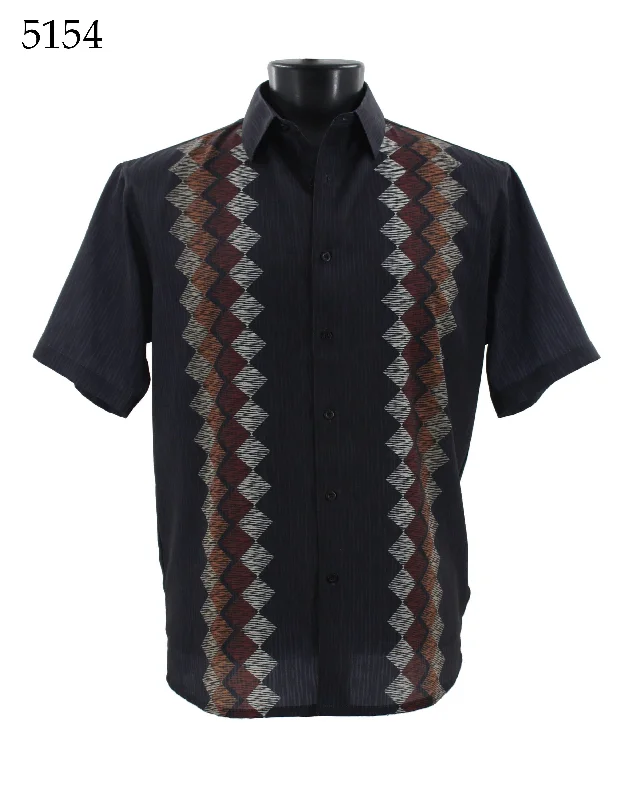 Bassiri Short Sleeve Button Down Casual Printed Men's Shirt - Diamond Pattern #5154 Stylish Men's Neon