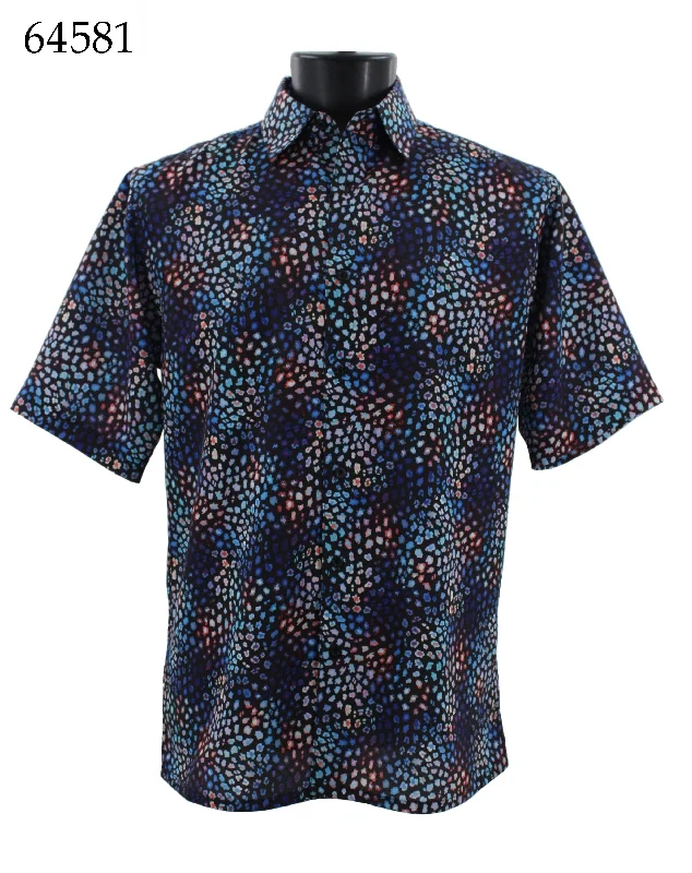 Bassiri Short Sleeve Button Down Casual Printed Men's Shirt - Cheetah Pattern Navy #64581 Sporty Men's Athleisure 