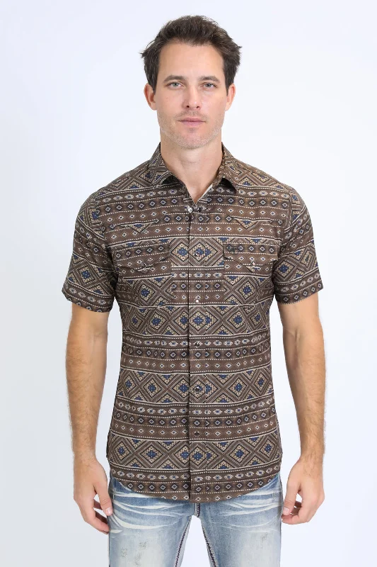 Mens Performance Western Short Sleeve Aztec Print Brown Shirt Refined Men's European