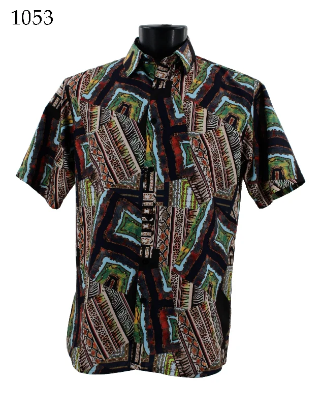 Bassiri Short Sleeve Button Down Casual Printed Men's Shirt - Abstract Pattern Green #1053 Dynamic Men's Moto