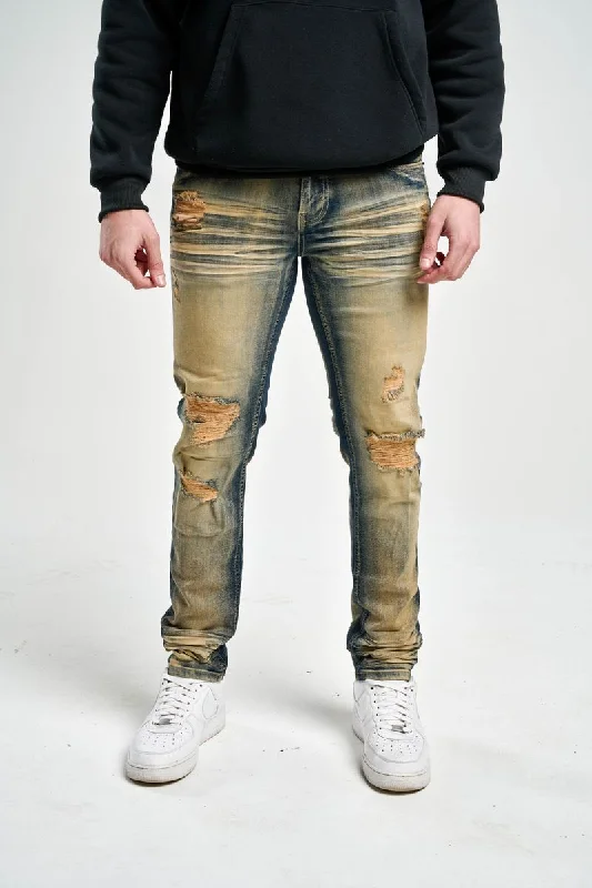 Spark Slim Fit Stretch Jeans with 3D Crinkle & Repair (Dark Indigo) Vintage Men's 1970S Disco