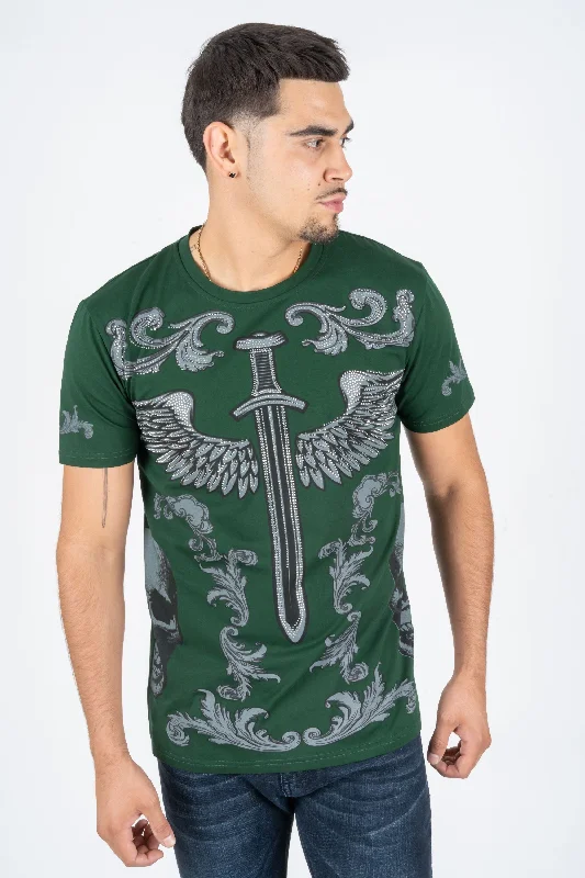 Men's Cotton Green Rhinestone T-shirt Monochromatic Office Style