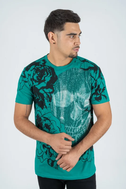 Men's Cotton Teal Rhinestone T-shirt Street