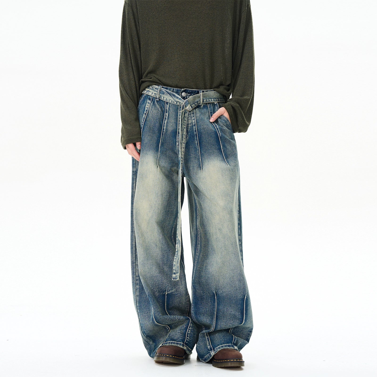 Retro Loose Wide-Leg Belted Jeans Vintage Men's 1970S Disco