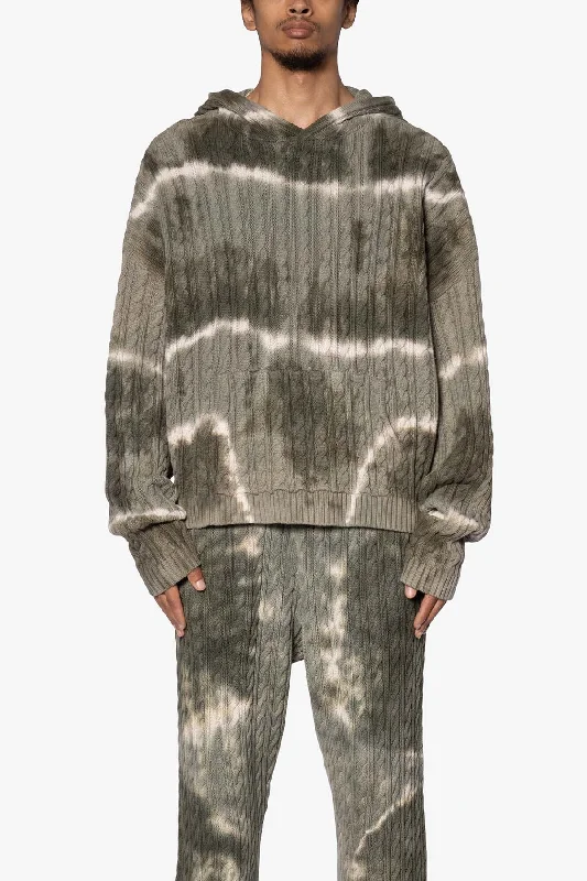 Tie Dye Cable Knit Hoodie - Olive Dynamic Men's High