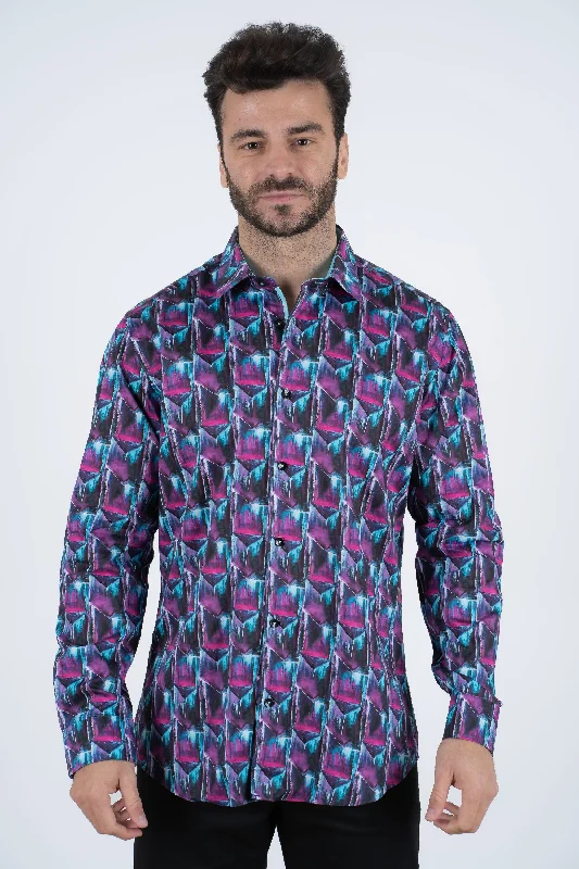 Purple Rings Print Satin Cotton/Spandex Long Sleeve Shirt Unique Men's Upcycled