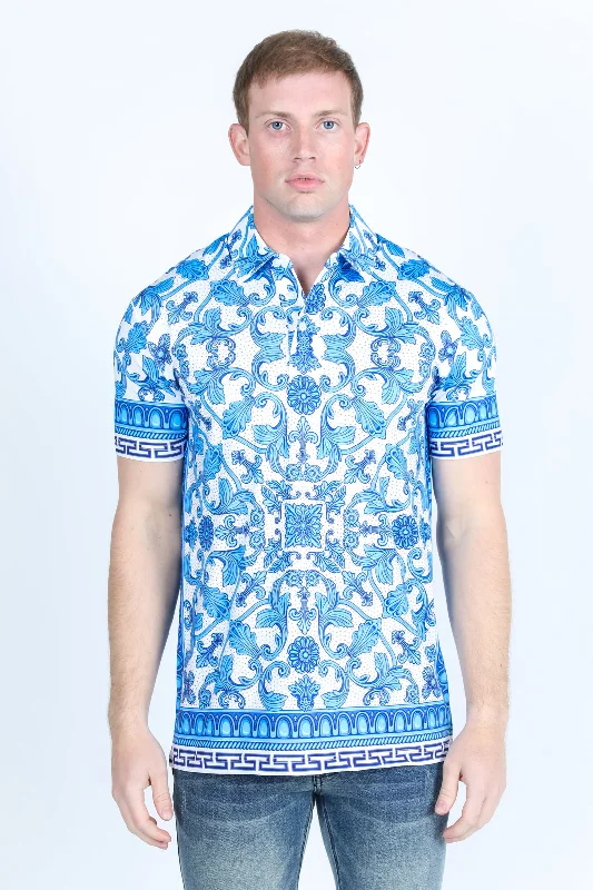 Mens Modern Fit Stretch Baroque Print Polo with Rhinestones Confident Men's High