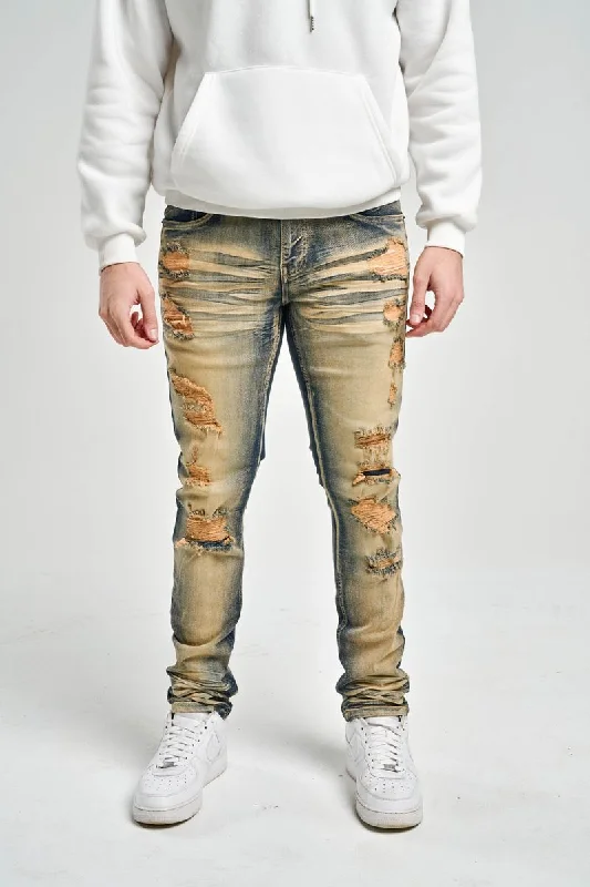 Spark Slim Fit Stretch Jeans with 3D Crinkle & Repair (Dark Indigo) Traditional Men's Wool