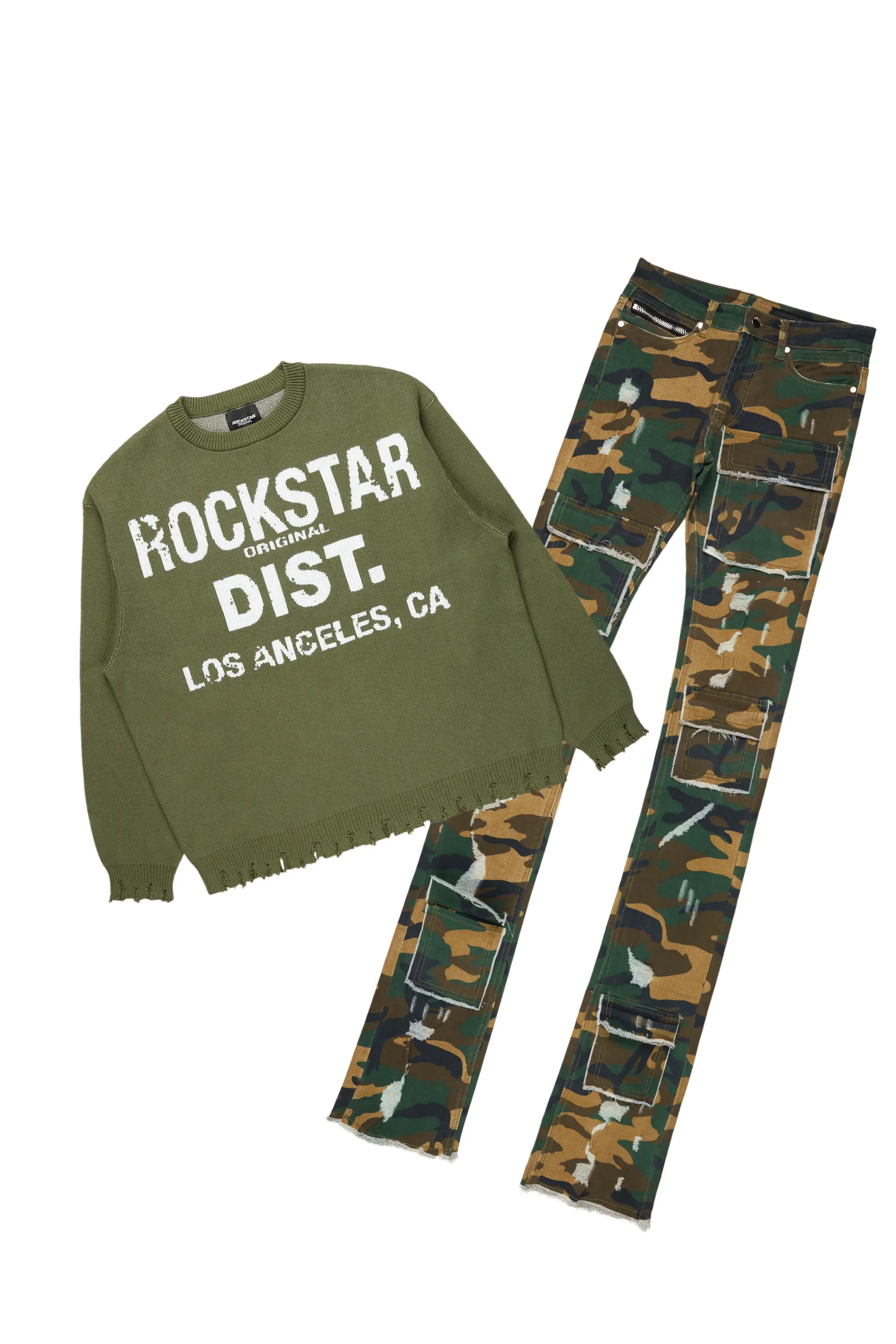 Mallow Green Knit Sweater & Petrus Super Stacked Flare Jean Bundle Artistic Men's Hand